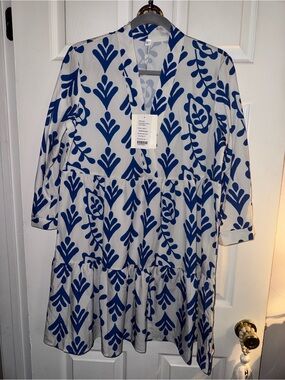 Moonsea White Dress with Bold Blue Botanical Print